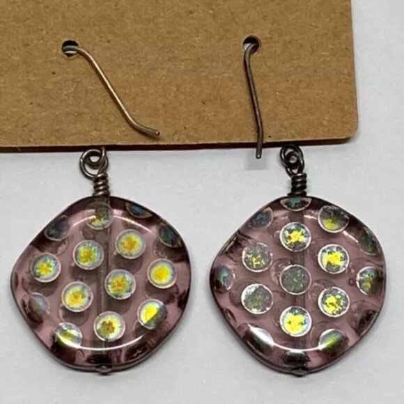Pink Iridescent Halographic Polka Dot Flat Round Hand Blown Art Glass Earrings - Picture 6 of 15